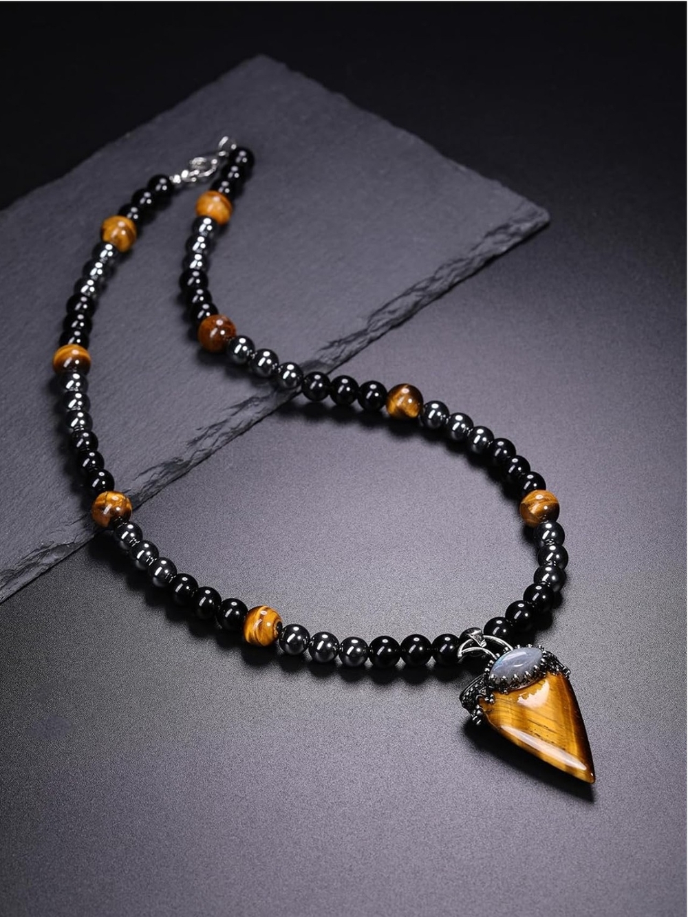 Tiger Eye and Black Bead Pendant Necklace - Women Jewelry